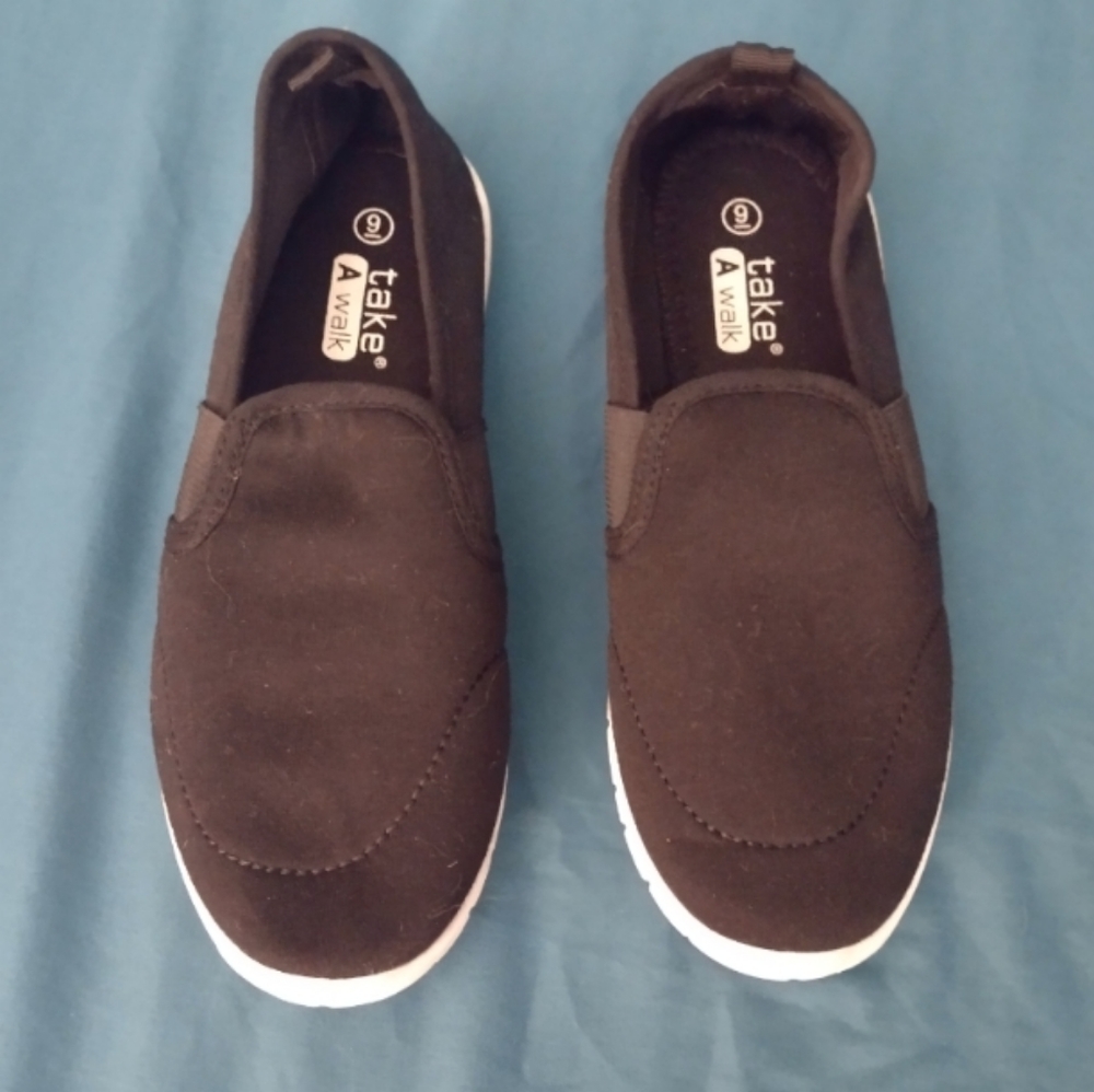 NWOT Take a Walk Women's Black Stretch Slip On Athletic Shoes with White Soles - Picture 2 of 15